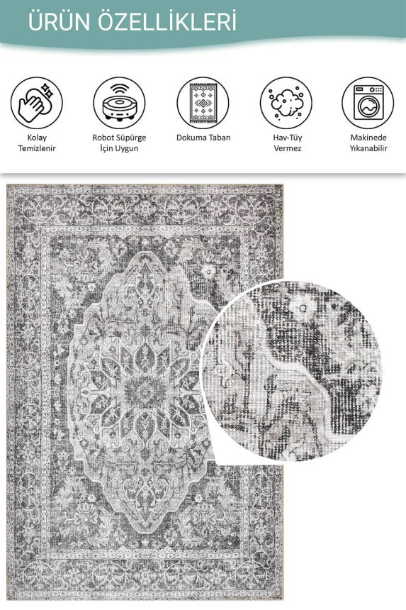 Stonart Eskitme Vintage Desenli Gri Otantik Yıkanabilir Şönil Halı AL 457 - 4