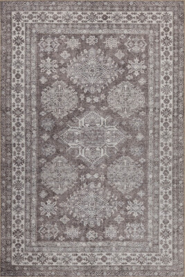 Stonart Eskitme Vintage Desenli Kahverengi Otantik Yıkanabilir Şönil Halı AL 449 - 2