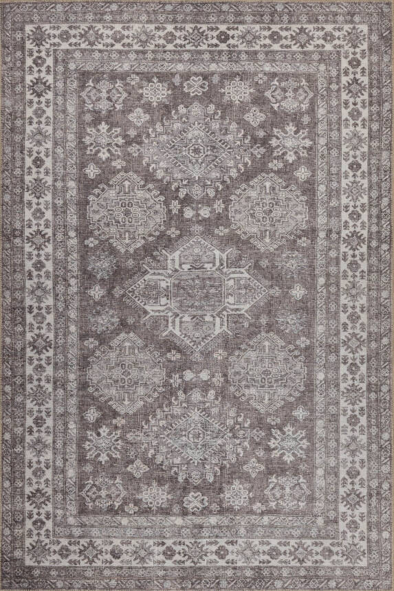 Stonart Eskitme Vintage Desenli Kahverengi Otantik Yıkanabilir Şönil Halı AL 449 - 2