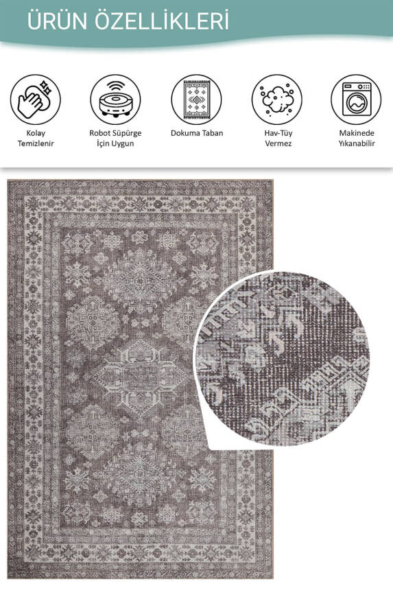 Stonart Eskitme Vintage Desenli Kahverengi Otantik Yıkanabilir Şönil Halı AL 449 - 4