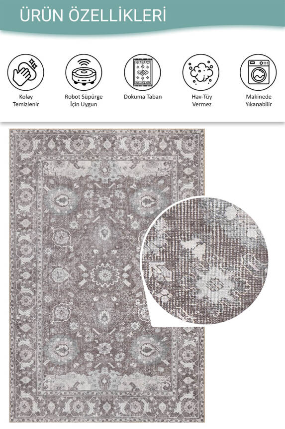 Stonart Eskitme Vintage Desenli Kahverengi Otantik Yıkanabilir Şönil Halı AL 454 - 4
