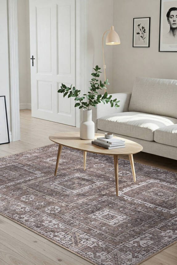 Stonart Eskitme Vintage Desenli Kahverengi Otantik Yıkanabilir Şönil Halı AL 460 - 1