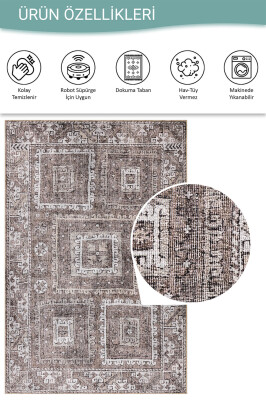Stonart Eskitme Vintage Desenli Kahverengi Otantik Yıkanabilir Şönil Halı AL 460 - 4