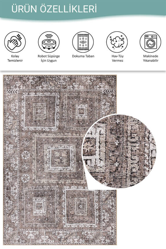 Stonart Eskitme Vintage Desenli Kahverengi Otantik Yıkanabilir Şönil Halı AL 460 - 4