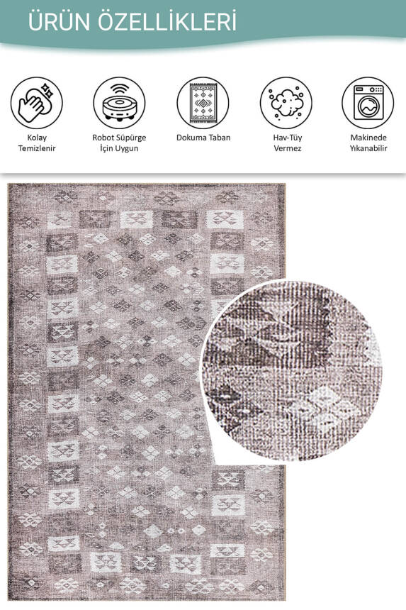 Stonart Eskitme Vintage Desenli Kahverengi Otantik Yıkanabilir Şönil Halı AL 462 - 4