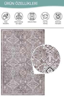 Stonart Eskitme Vintage Desenli Kahverengi Otantik Yıkanabilir Şönil Halı AL 463 - 4