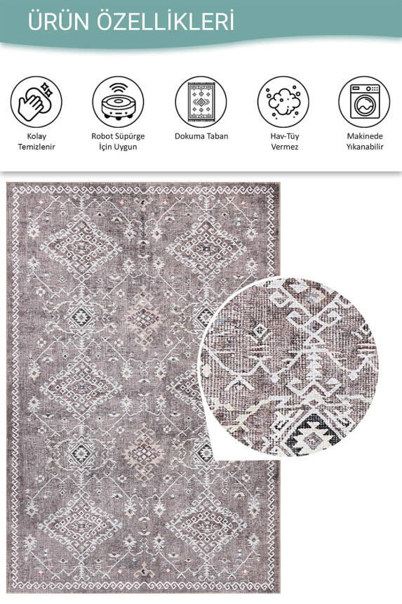Stonart Eskitme Vintage Desenli Kahverengi Otantik Yıkanabilir Şönil Halı AL 463 - 4