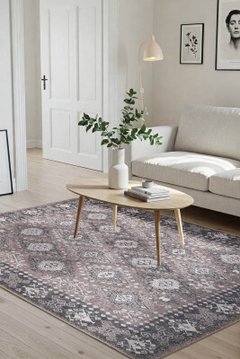 Stonart Eskitme Vintage Desenli Kahverengi Otantik Yıkanabilir Şönil Halı AL 464 - 1