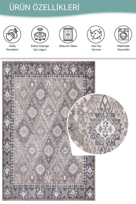Stonart Eskitme Vintage Desenli Kahverengi Otantik Yıkanabilir Şönil Halı AL 464 - 4