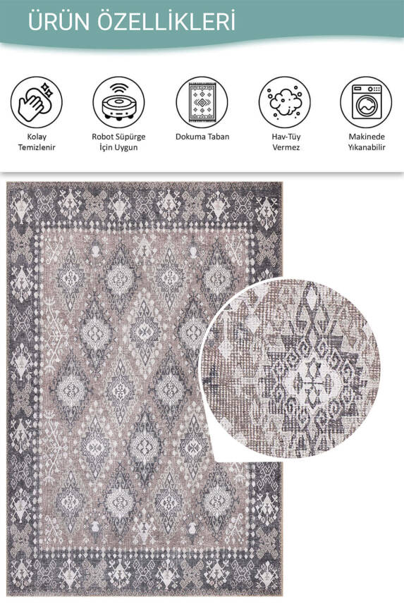 Stonart Eskitme Vintage Desenli Kahverengi Otantik Yıkanabilir Şönil Halı AL 464 - 4