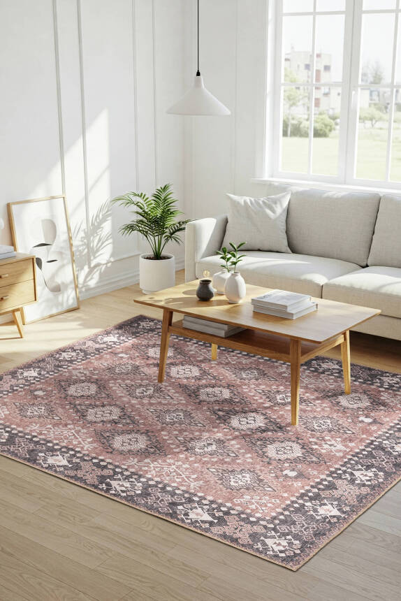 Stonart Eskitme Vintage Desenli Pudra Otantik Yıkanabilir Şönil Halı AL 465 - 1