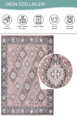 Stonart Eskitme Vintage Desenli Pudra Otantik Yıkanabilir Şönil Halı AL 465 - 4