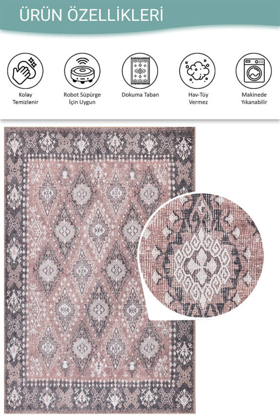 Stonart Eskitme Vintage Desenli Pudra Otantik Yıkanabilir Şönil Halı AL 465 - 4