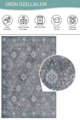 Stonart Eskitme Vintage Desenli Yeşil Otantik Yıkanabilir Şönil Halı AL 466 - 4