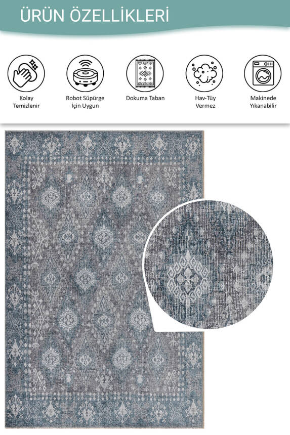 Stonart Eskitme Vintage Desenli Yeşil Otantik Yıkanabilir Şönil Halı AL 466 - 4