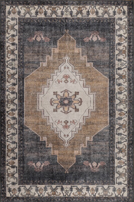 Stonart Klasik Eskitme Vintage Desenli Otantik Yıkanabilir Kahverengi/Siyah Şönil Halı AL 438 - 2
