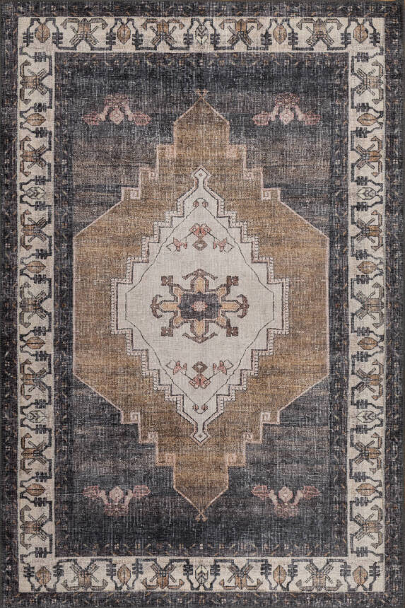 Stonart Klasik Eskitme Vintage Desenli Otantik Yıkanabilir Kahverengi/Siyah Şönil Halı AL 438 - 2