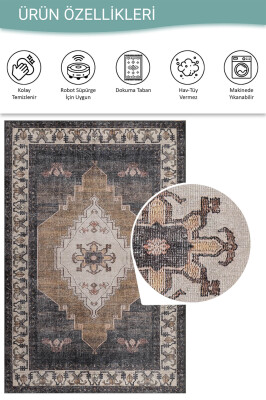 Stonart Klasik Eskitme Vintage Desenli Otantik Yıkanabilir Kahverengi/Siyah Şönil Halı AL 438 - 4