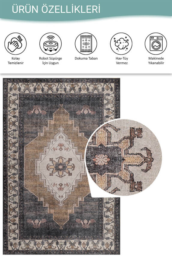 Stonart Klasik Eskitme Vintage Desenli Otantik Yıkanabilir Kahverengi/Siyah Şönil Halı AL 438 - 4