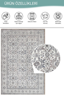Stonart Eskitme Vintage Desenli Bej/Gri Otantik Yıkanabilir Şönil Halı AL 443 - 4