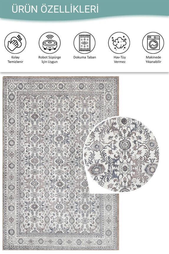 Stonart Eskitme Vintage Desenli Bej/Gri Otantik Yıkanabilir Şönil Halı AL 443 - 4