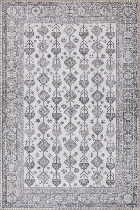 Stonart Eskitme Vintage Desenli Bej/Gri Otantik Yıkanabilir Şönil Halı AL 448 - 2