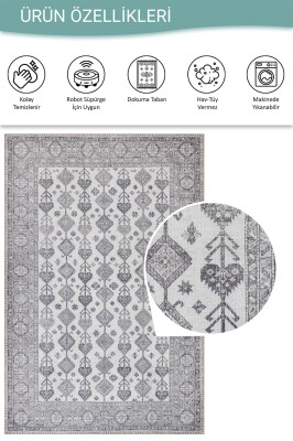 Stonart Eskitme Vintage Desenli Bej/Gri Otantik Yıkanabilir Şönil Halı AL 448 - 4