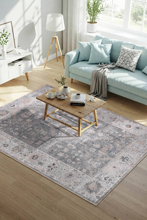 Stonart Eskitme Vintage Desenli Gri Otantik Yıkanabilir Şönil Halı AL 467 - 1