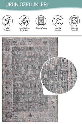Stonart Eskitme Vintage Desenli Gri Otantik Yıkanabilir Şönil Halı AL 467 - 4