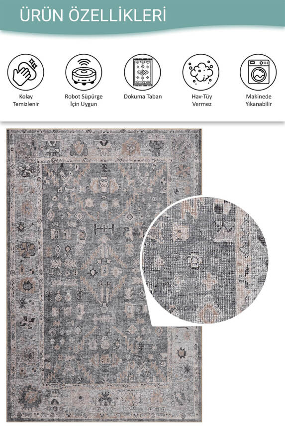 Stonart Eskitme Vintage Desenli Gri Otantik Yıkanabilir Şönil Halı AL 467 - 4