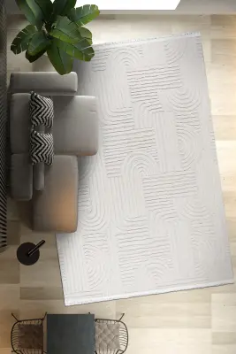 Veyla Krem Robot Süpürgeye Uyumlu Kolay Temizlenebilir Halı Salon, Oturma Odası ve Koridor Halısı RP 39 - 4