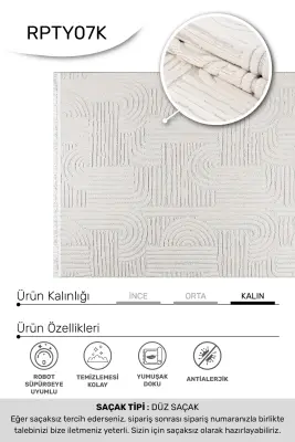 Veyla Krem Robot Süpürgeye Uyumlu Kolay Temizlenebilir Halı Salon, Oturma Odası ve Koridor Halısı RP 39 - 7