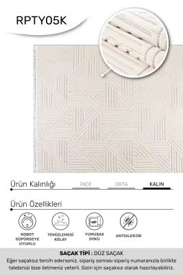 Veyla Krem Robot Süpürgeye Uyumlu Kolay Temizlenebilir Halı Salon, Oturma Odası ve Koridor Halısı RP 41 - 5