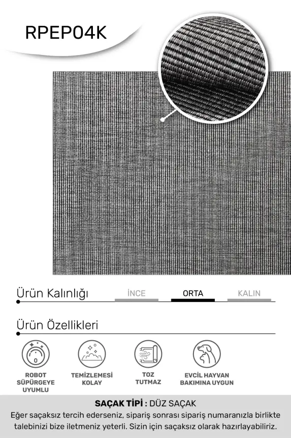Vivo Antrasit Sisal Dokumalı Kaymaz Halı Mutfak & Koridor Halısı RP 04 - 3