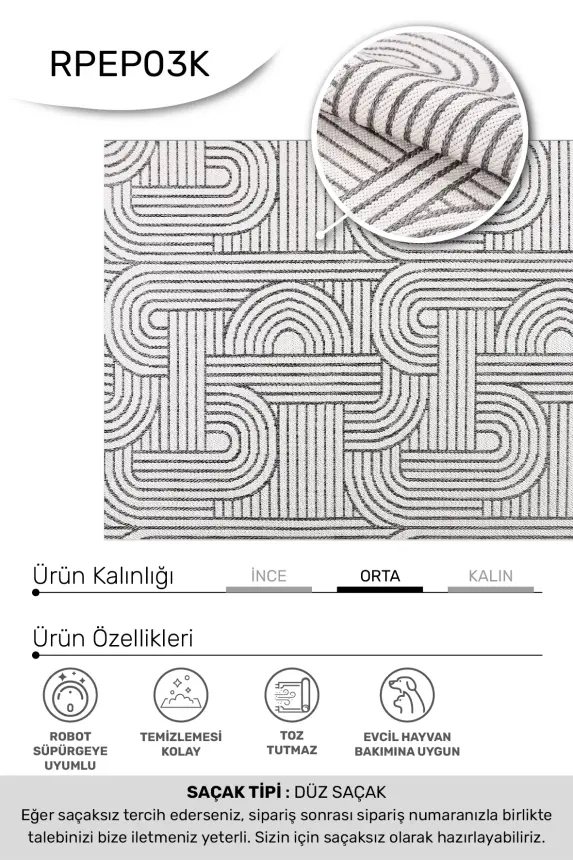 Vivo Beyaz Gri Sisal Modeli Kaymaz Halı Mutfak & Koridor Halısı RP 03 - 5