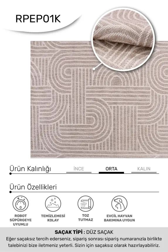 Vivo Vizon/Krem Sisal Halı Yıkanabilir Kaymaz Mutfak & Koridor Halısı RP 01 - 7