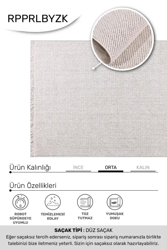 Zenit Beyaz Robot Süpürgeye Uyumlu Kolay Temizlenebilir Halı Salon, Oturma Odası ve Koridor Halısı RP 31 - 8