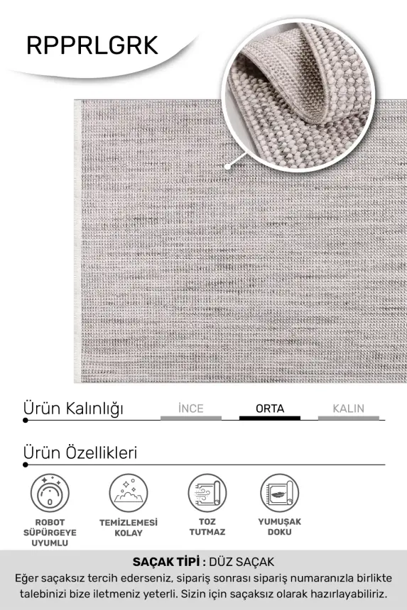 Zenit Gri Robot Süpürgeye Uyumlu Kolay Temizlenebilir Halı Salon, Oturma Odası ve Koridor Halısı RP 30 - 4